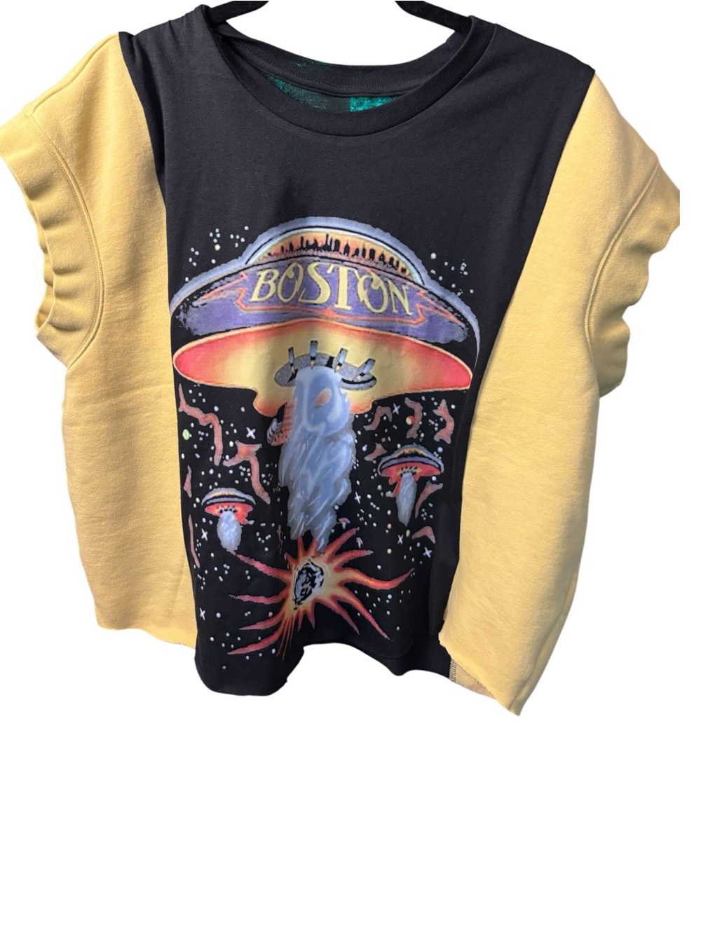 Boston Graphic Tee Upcycled with Yellow Sweatshirt for Sleeves